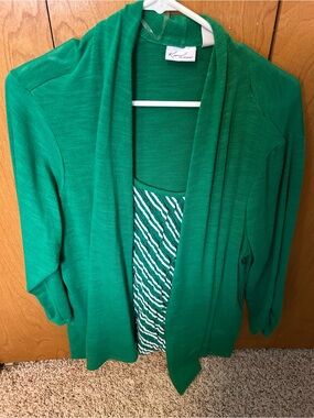 Kim Rogers Green Open-Front Cardigan with Printed Tank